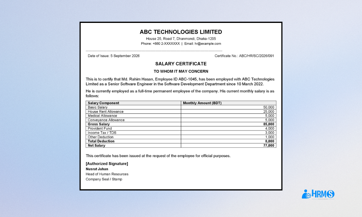 Salary certificate sample showing employee salary details, allowances, deductions, gross salary, and net salary in Bangladesh.