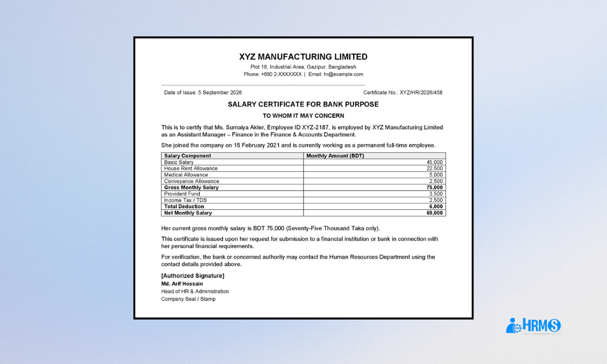 Salary certificate issued by XYZ Manufacturing Limited for Ms. Sumaiya Akter, showing a gross monthly salary of BDT 75,000 and a net monthly salary of BDT 69,000.