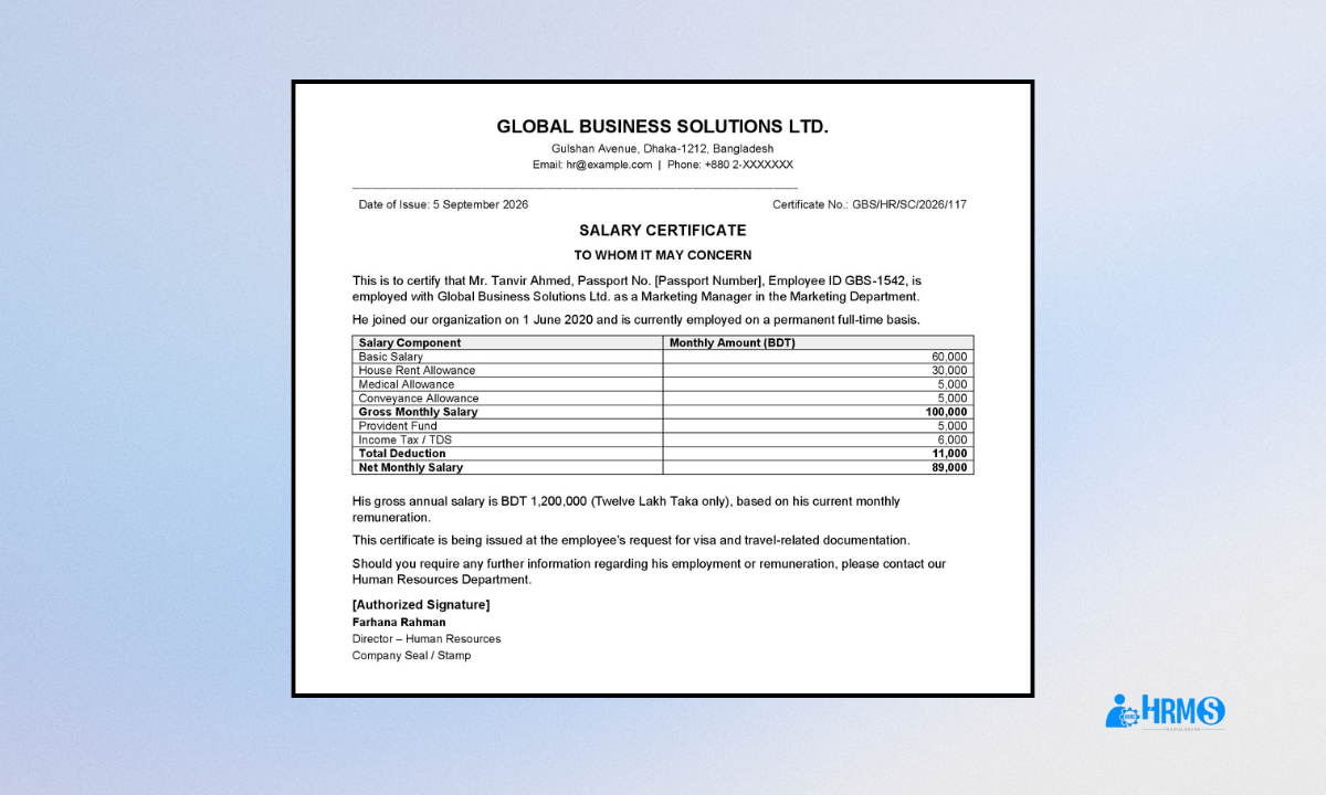 Salary certificate issued by Global Business Solutions Ltd. for Mr. Tanvir Ahmed for visa application purposes, detailing a gross monthly salary of BDT 100,000 and a net monthly salary of BDT 89,000