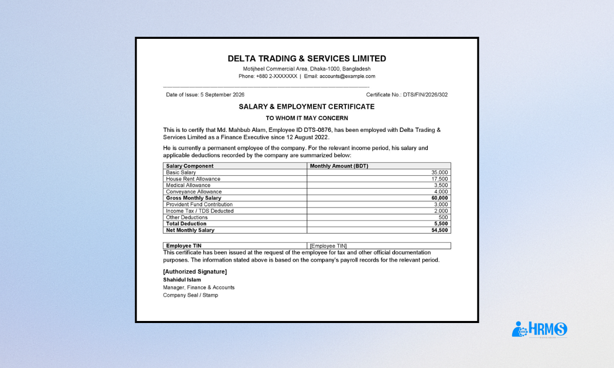 Salary & Employment Certificate for Tax Documentation